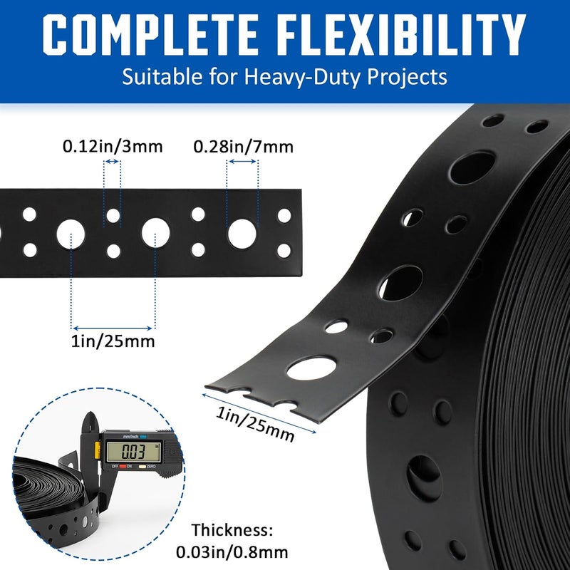 Fyrique Black 1 Inch x 33FT Metal Strapping with Holes 0.03" Thick Galvanized Metal Pipe Hanger Strap for Plumbing, HVAC and Duct Support - Image 2