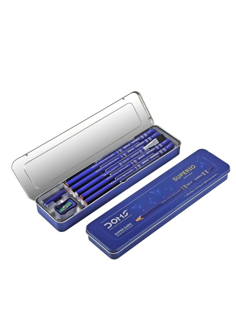 DOMS أقلام رصاص جرافيت Superio Super Dark مكونة من 12 قطعة مع ملحقات في علبة معدنية - Image 1