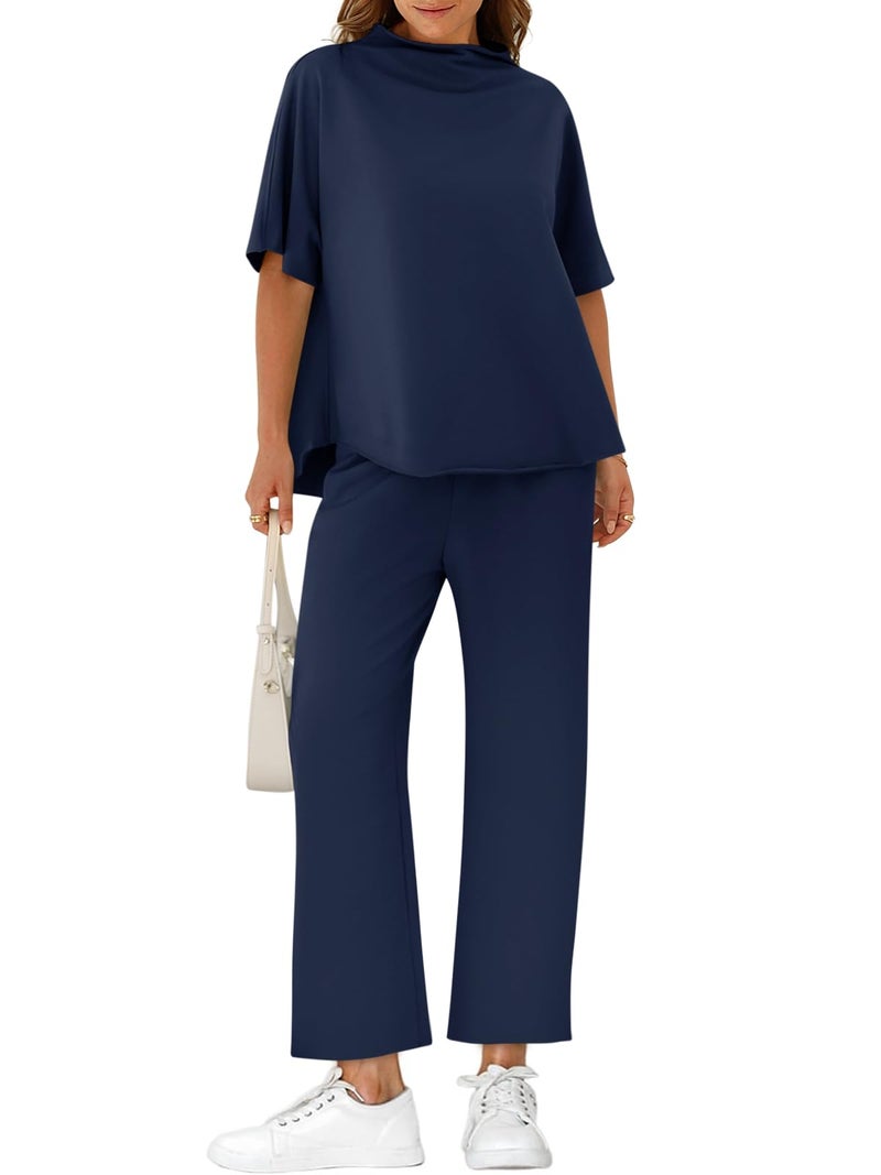 Yousify Women's Two Piece Sets 3/4 Batwing Sleeve Capelet Crew Neck Pullover Top Wide Leg Pants 2 Piece Lounge Set Travel Outfits - Image 1