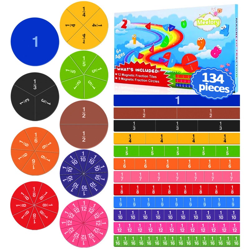 Meetory 134 Pcs Magnetic Fraction Tiles & Fraction Circles - Math Manipulatives for Preschool Elementary School Educational Resources Classroom Educational Kit - Image 1