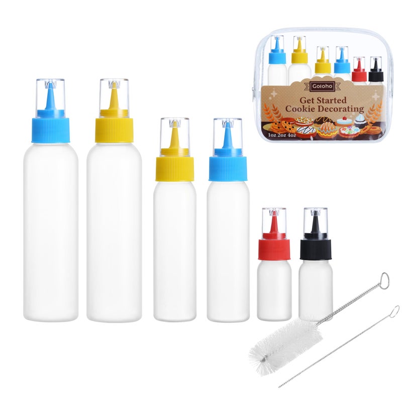 GOLOHO Cookie Icing Bottles, 6 Squeeze Applicator Bottles, 2 each (1, 2 and 4 ounces), Royal Icing Tools, Cake Sugar Cookie Decorating Supplies, Food Coloring, Frosting, Pancake Arts and Crafts Kit - Image 1