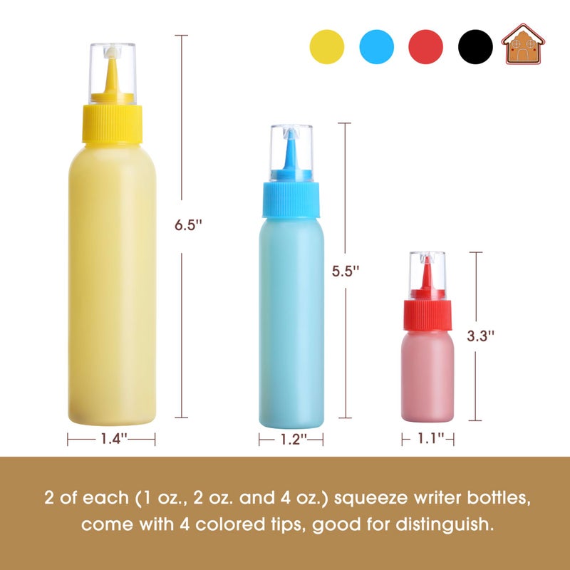 GOLOHO Cookie Icing Bottles, 6 Squeeze Applicator Bottles, 2 each (1, 2 and 4 ounces), Royal Icing Tools, Cake Sugar Cookie Decorating Supplies, Food Coloring, Frosting, Pancake Arts and Crafts Kit - Image 2