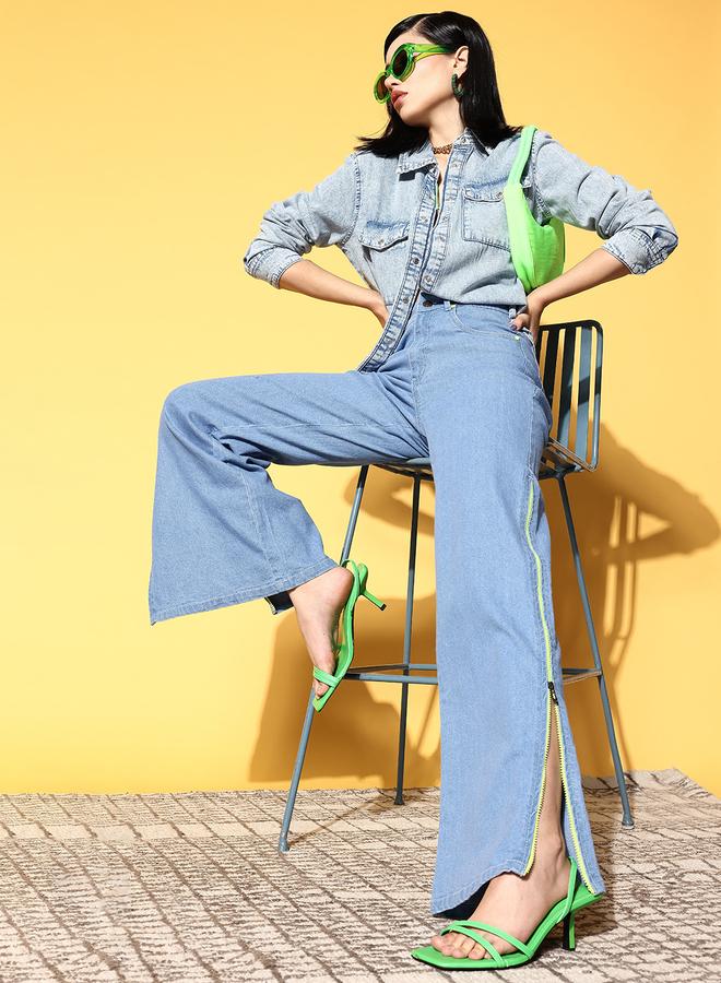 Sassafras Women Blue High Rise Side Zipper Detail Straight Jeans - Image 1