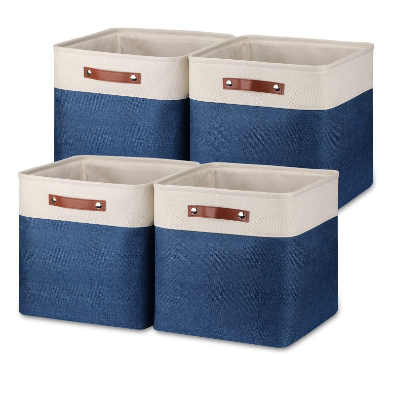 Temary Blue Storage Baskets for Shelves 13 Inch Cube Storage Bins 4Pack Fabric Cubes Basket with Handles for Organizing Shelf Baskets for Home Office Closet WhiteBlue
