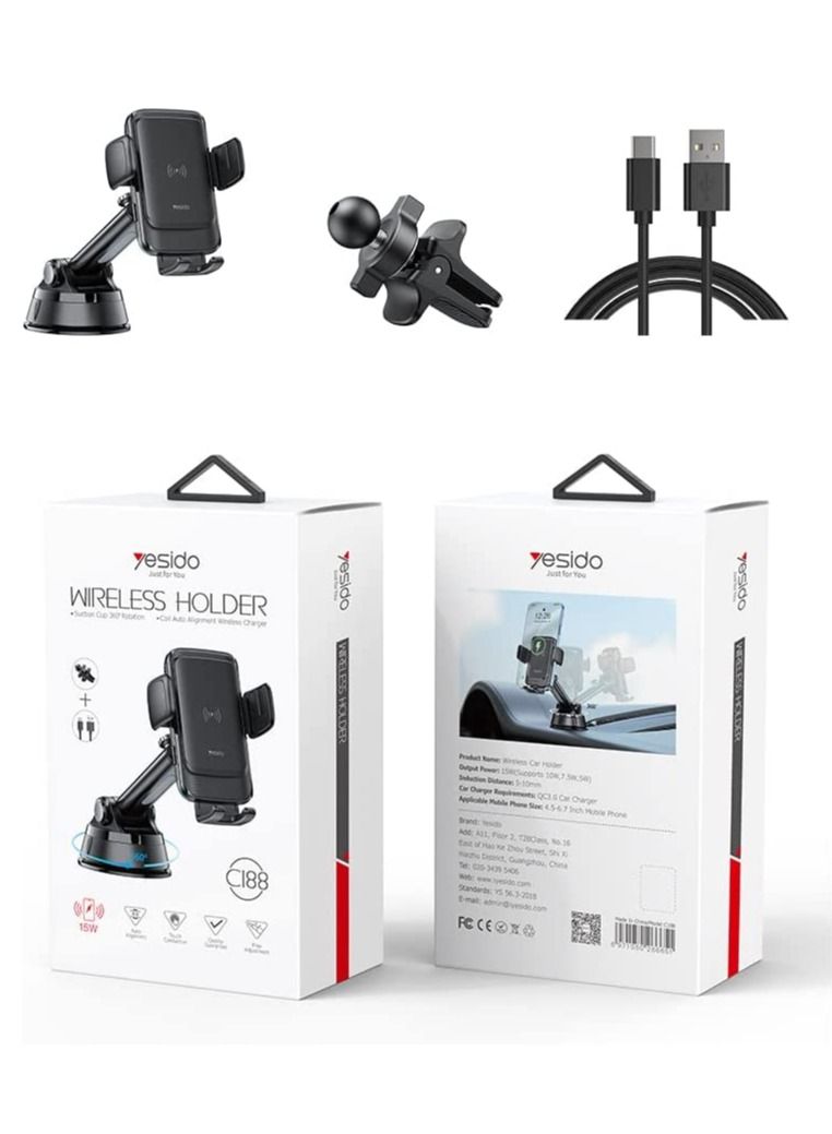 Yesido Car Using 15W Fast Charge Automatic Induction Alignment 12.5-26.8cm Adjustable length phone holder - Image 1