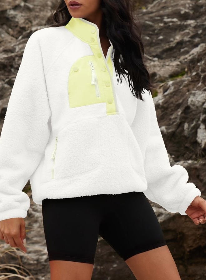 Yanekop Womens Fuzzy Fleece Pullover Sherpa Sweatshirt Long Sleeve Button Down Sweater Jacket, White Yellow Mixed, S - Image 4