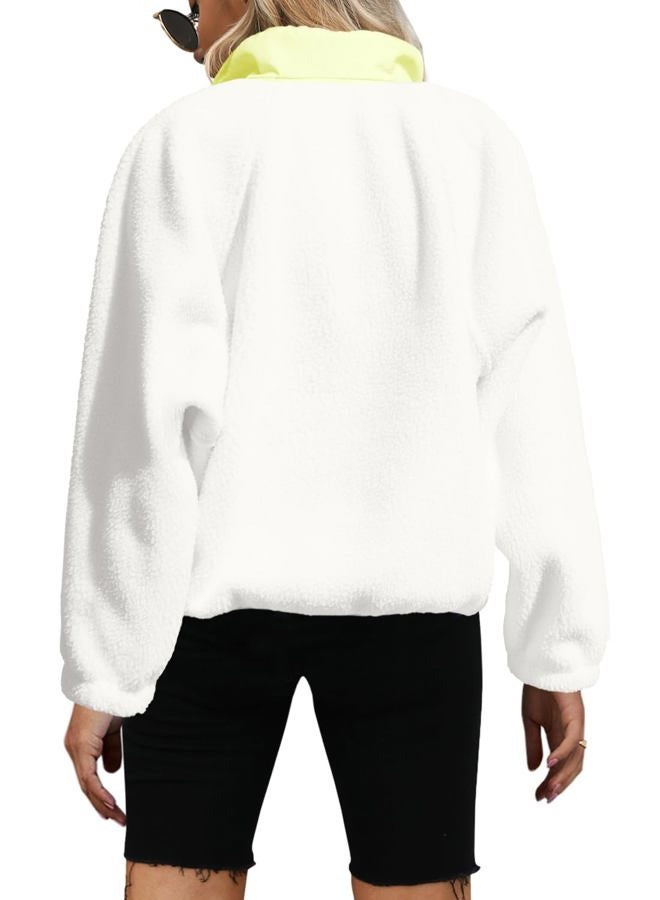 Yanekop Womens Fuzzy Fleece Pullover Sherpa Sweatshirt Long Sleeve Button Down Sweater Jacket, White Yellow Mixed, S - Image 2