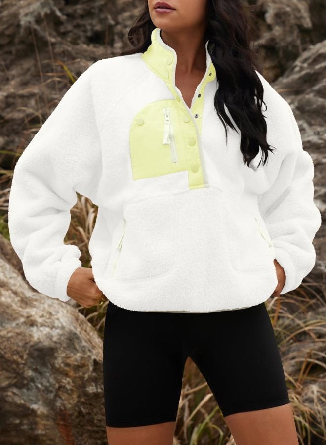 Yanekop Womens Fuzzy Fleece Pullover Sherpa Sweatshirt Long Sleeve Button Down Sweater Jacket, White Yellow Mixed, S - Image 5