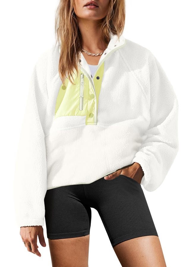 Yanekop Womens Fuzzy Fleece Pullover Sherpa Sweatshirt Long Sleeve Button Down Sweater Jacket, White Yellow Mixed, S - Image 1