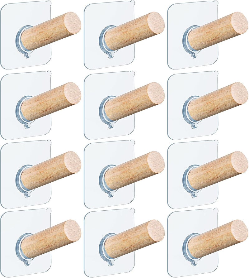Jetec Hat Hooks for Wall Hat Hanger Hat Hooks Hat Pegs Adhesive Wood Hooks Self Adhesive Hooks Wooden Hat Rack Coat Hooks Wall Mounted Hook for Home School Office (12 Pcs, 6 cm/ 2.4 inch) - Image 1