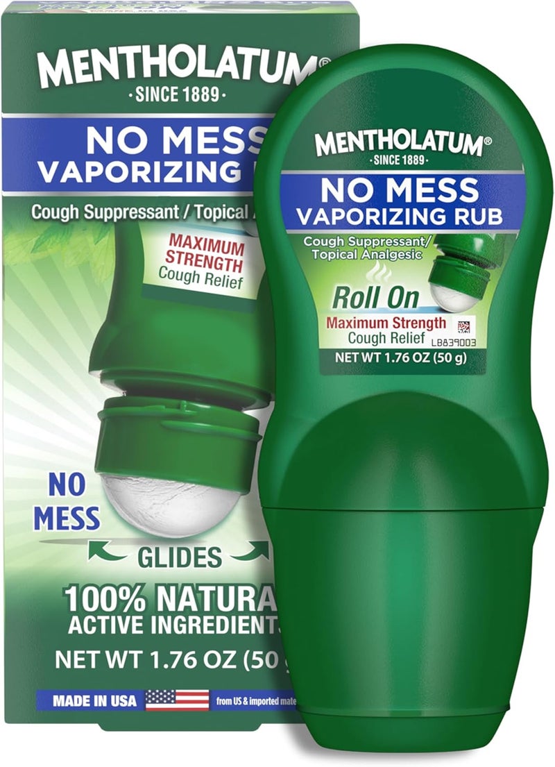 Mentholatum No Mess Vaporizing Rub with Easy-to-use Roll On Applicator, 1.76 Ounce (50g) - 100% Natural Active Ingredients for Maximum Strength Cough Relief