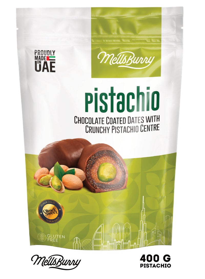 MELLSBURRY Pistachio Chocolate Coated Dates with Crunchy Pistachio Centre 400g | Premium UAE Made Gluten Free Dates - Image 1