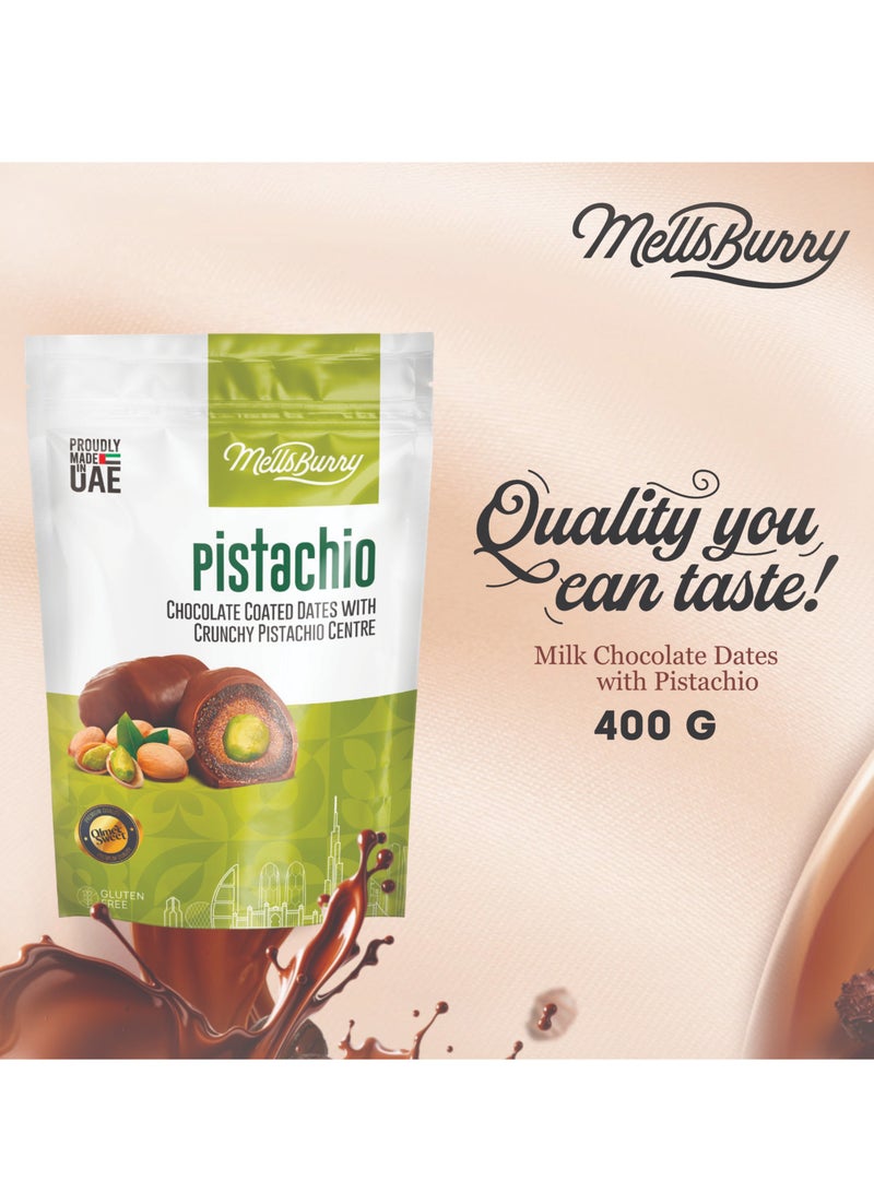 MELLSBURRY Pistachio Chocolate Coated Dates with Crunchy Pistachio Centre 400g | Premium UAE Made Gluten Free Dates - Image 2