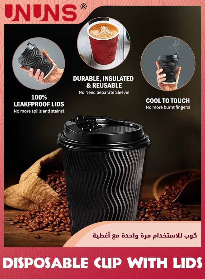 UNUNS أكواب قهوة ورقية disposable سعة 8 أونصات 50 حبة مع أغطية، أكواب قهوة للذهاب للقهوة الباردة/الساخنة، أكواب ساخنة مع أغطية، أكواب قهوة يمكن التخلص منها مع أغطية للحفلات والاستقبال، سوداء - Image 2