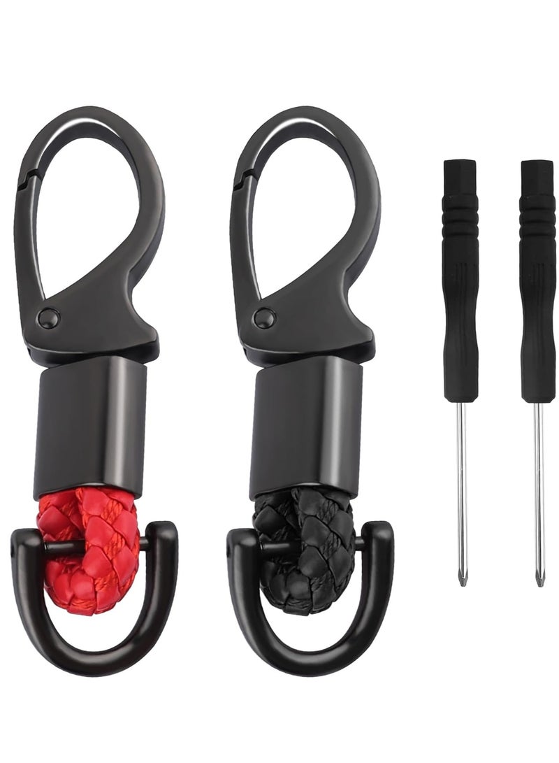 أوزيغالور سلسلة مفاتيح سيارة، سلسلة مفاتيح جلدية معدنية للسيارة 2 قطعة مع حلقة D-حلقة ومفكات مفاتيح مقاومة للضياع (أسود/أحمر). - Image 1