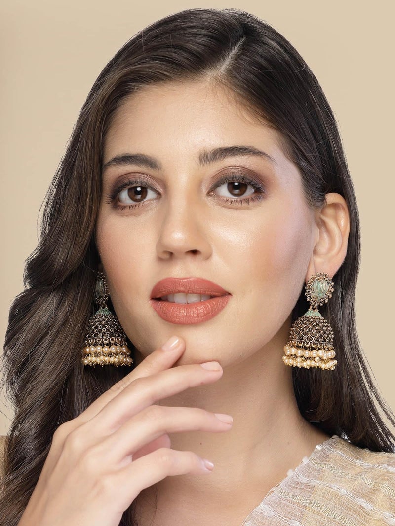 ADIVA Antique Gold-Plated Green Stone Studded & Pearl Handcrafted Floral Shaped Jhumka Earrings Set for women, Traditional Stylish Jhumka for Girls Party, Wedding, Festive - Image 3