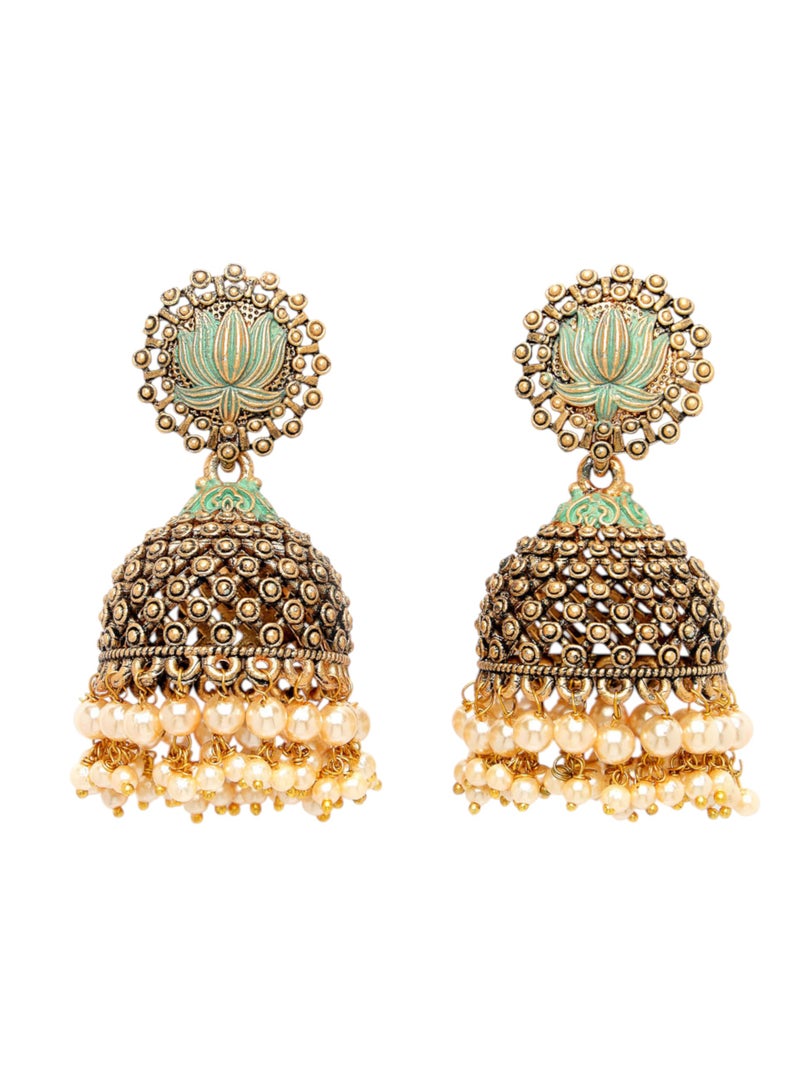 ADIVA Antique Gold-Plated Green Stone Studded & Pearl Handcrafted Floral Shaped Jhumka Earrings Set for women, Traditional Stylish Jhumka for Girls Party, Wedding, Festive - Image 1