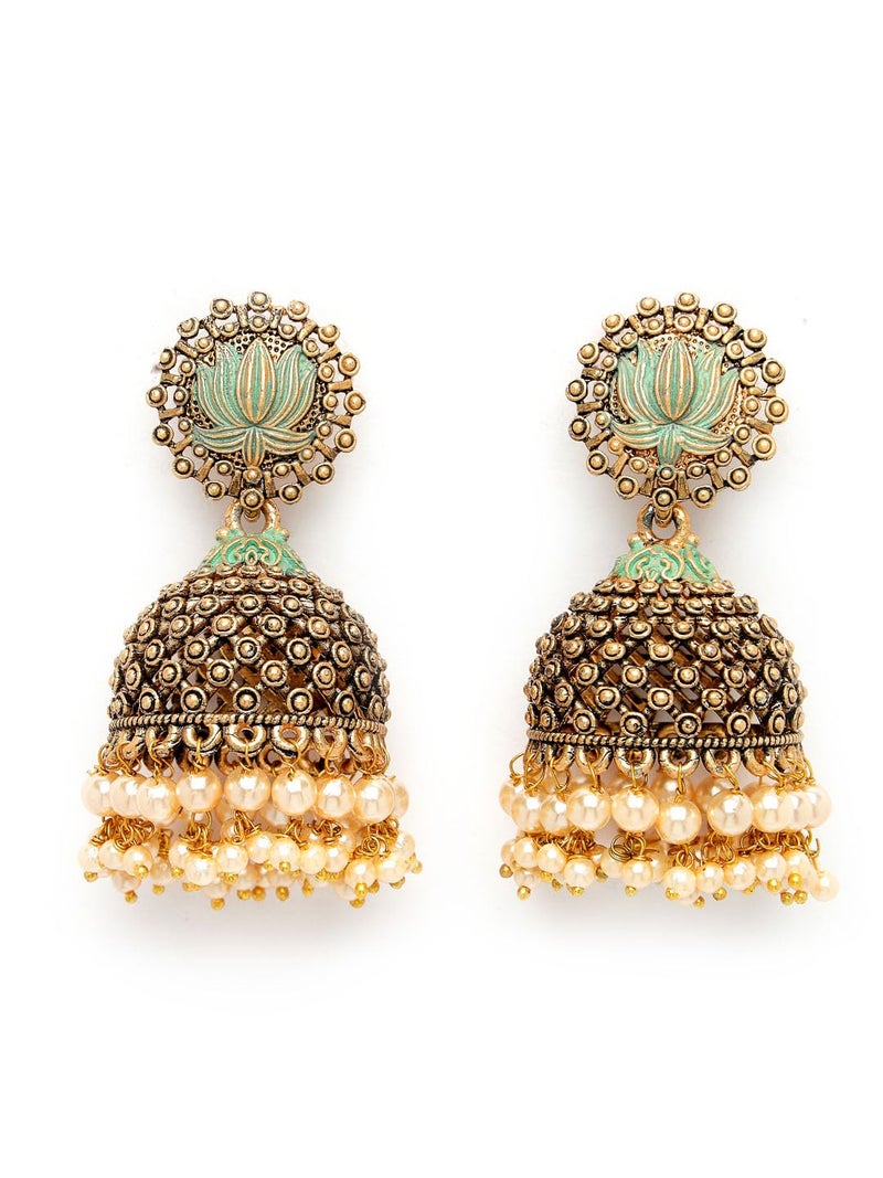 ADIVA Antique Gold-Plated Green Stone Studded & Pearl Handcrafted Floral Shaped Jhumka Earrings Set for women, Traditional Stylish Jhumka for Girls Party, Wedding, Festive - Image 5