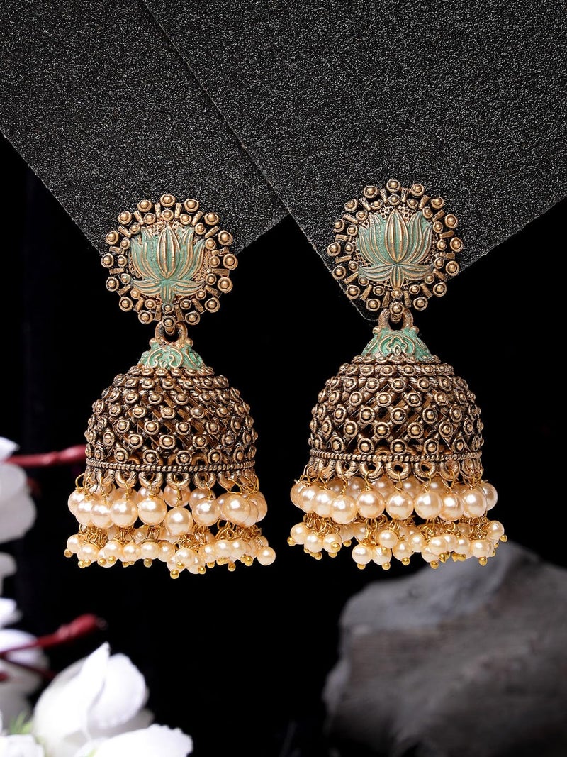 ADIVA Antique Gold-Plated Green Stone Studded & Pearl Handcrafted Floral Shaped Jhumka Earrings Set for women, Traditional Stylish Jhumka for Girls Party, Wedding, Festive - Image 4