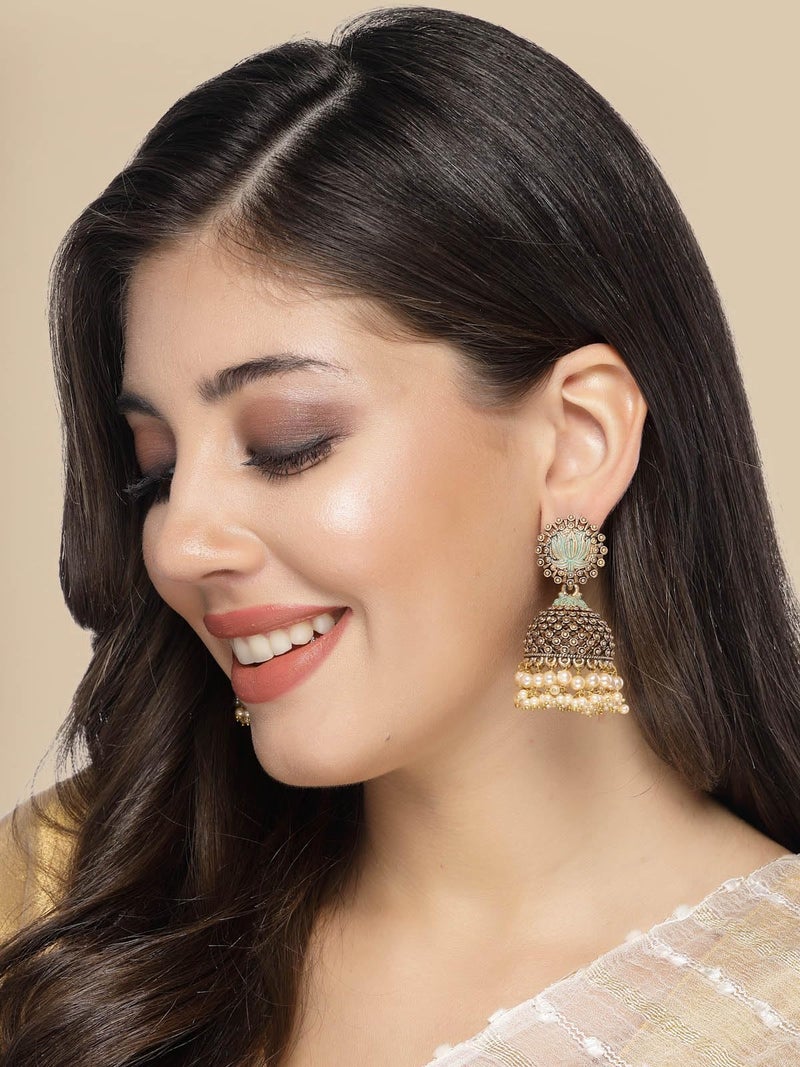ADIVA Antique Gold-Plated Green Stone Studded & Pearl Handcrafted Floral Shaped Jhumka Earrings Set for women, Traditional Stylish Jhumka for Girls Party, Wedding, Festive - Image 2