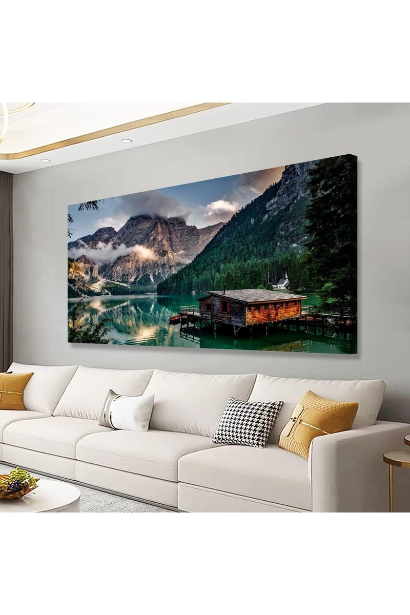 EMODA Green Lake Mountain Large Wall Art Painting Landscape Canvas 60x120 cm Wrap Framed - Image 1
