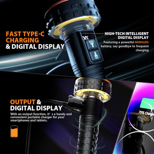 Yls Flashlight, 5000 Lumen LED Rechargeable Flashlight with Digital Display, 8 Modes & IPX4 Waterproof, Camping Light with Magnetic Base for Camping, Home, Emergency, Rescue, Hunting - Image 5