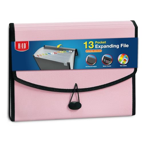 H4D 13-Pocket Accordion File Organizer with Mesh Pocket, Expanding File Folder with Tabs, Expandable Document Organizer for Home Office School, Letter Size, Light Pink - Image 1