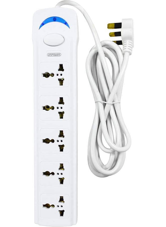Unipower مأخذ الطاقة Unipower EX-1701 مع 5 مآخذ و سلك تمديد بطول 3 متر، أبيض - Image 1