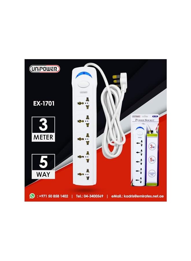 Unipower مأخذ الطاقة Unipower EX-1701 مع 5 مآخذ و سلك تمديد بطول 3 متر، أبيض - Image 5