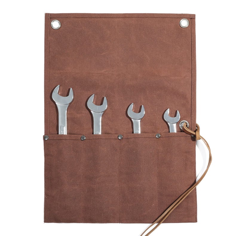 Denifiter Heavy Duty 16 OZ Waxed Canvas Wrench Roll Tool Pouch with 4 Pockets – Multi-Purpose Tool Bag for Storage & Organization (Brown) - Image 1
