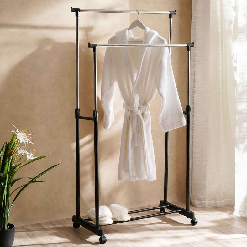 Pan Home حامل الملابس ذو القضبان المزدوجة القابل للتمديد - فضي