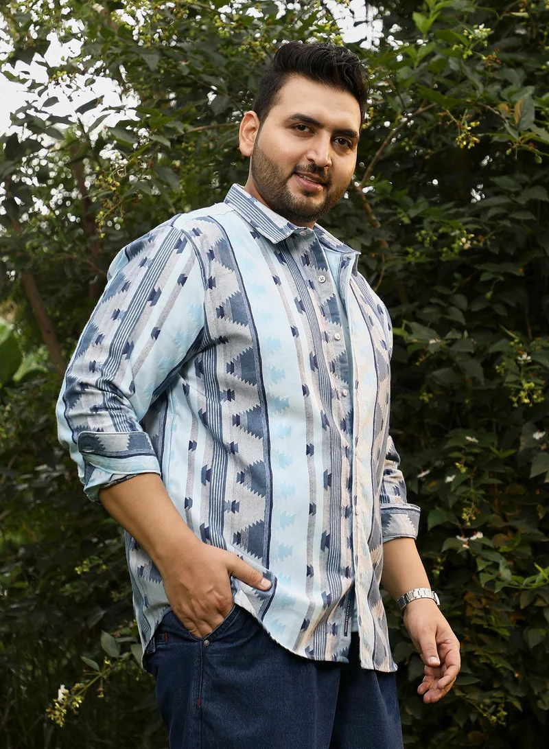 Instafab Plus  Instafab Plus Men's Steel Blue Geometric-Alaska Jacquard Shirt | Spread Collar , Long Cuffed Sleeves , Button Closure , Curved Hemline | Geometric Jacquard Cotton Material For Street & Casual Wear for Men | Best Price UAE