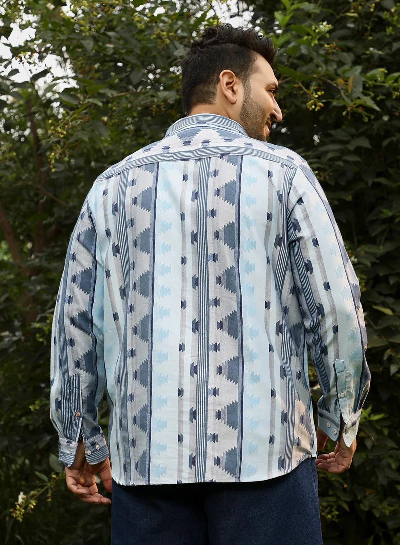 Instafab Plus  Instafab Plus Men's Steel Blue Geometric-Alaska Jacquard Shirt | Spread Collar , Long Cuffed Sleeves , Button Closure , Curved Hemline | Geometric Jacquard Cotton Material For Street & Casual Wear for Men | Best Price UAE