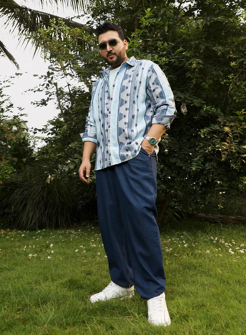 Instafab Plus  Instafab Plus Men's Steel Blue Geometric-Alaska Jacquard Shirt | Spread Collar , Long Cuffed Sleeves , Button Closure , Curved Hemline | Geometric Jacquard Cotton Material For Street & Casual Wear for Men | Best Price UAE