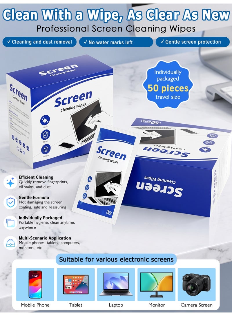 Naxifly 50 Pcs Screen Cleaning Wipes,ndividually Wrapped Pre-Moistened Wipes,Streak-Free Gentle Cleaner for Phone,Laptop,Tablet,Monitor,Camera LCD Screens,Portable Electronic Cleaner - Image 2