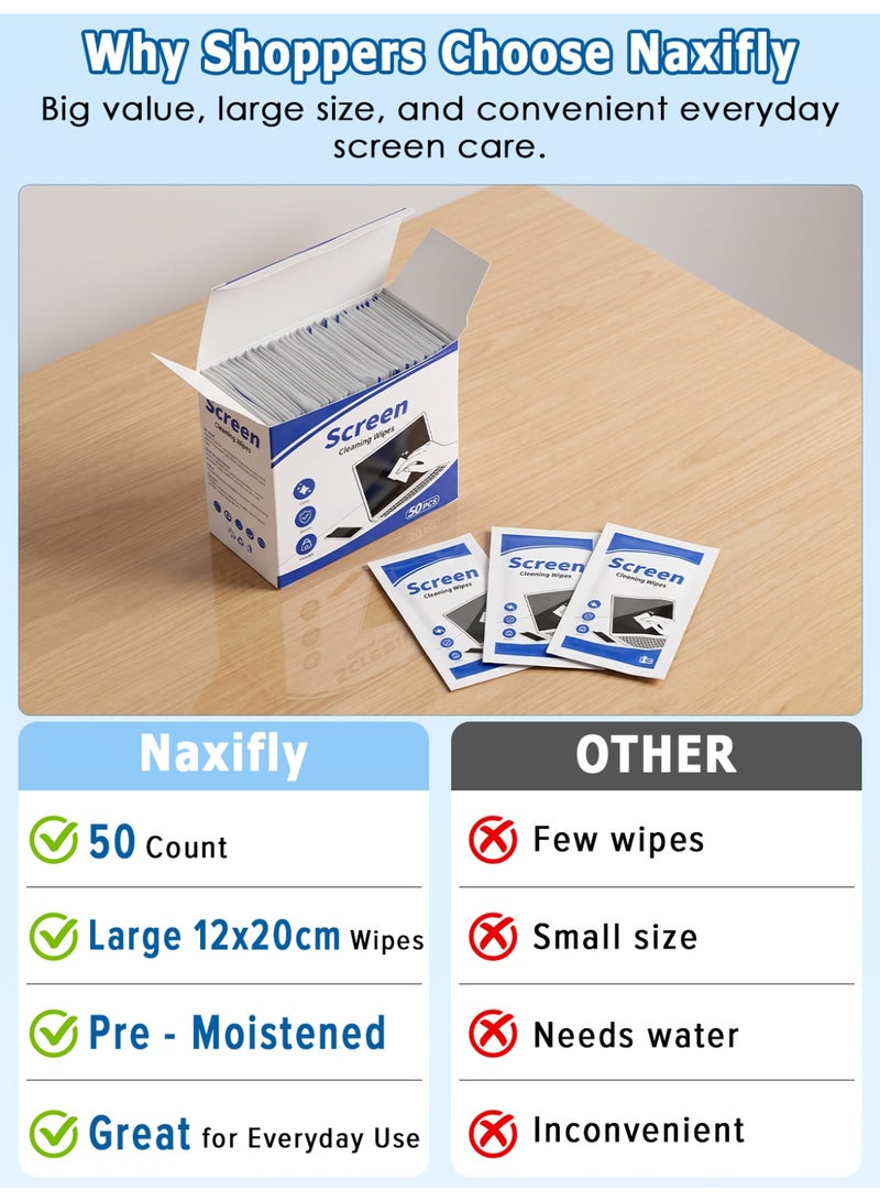 Naxifly 50 Pcs Screen Cleaning Wipes,ndividually Wrapped Pre-Moistened Wipes,Streak-Free Gentle Cleaner for Phone,Laptop,Tablet,Monitor,Camera LCD Screens,Portable Electronic Cleaner - Image 5