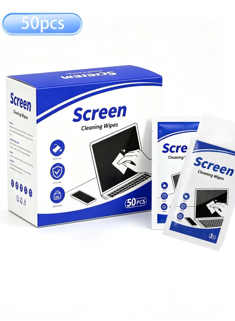 Naxifly 50 Pcs Screen Cleaning Wipes,ndividually Wrapped Pre-Moistened Wipes,Streak-Free Gentle Cleaner for Phone,Laptop,Tablet,Monitor,Camera LCD Screens,Portable Electronic Cleaner - Image 1