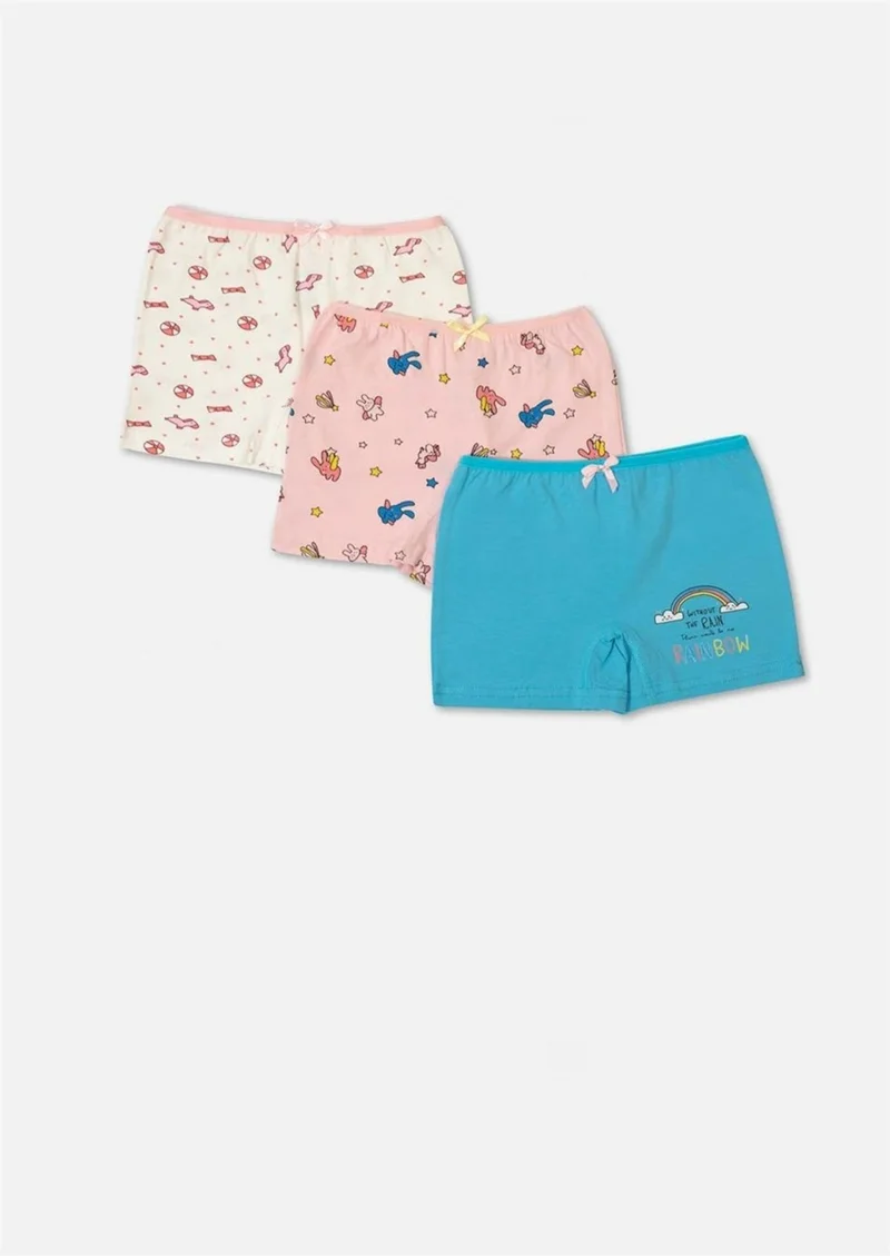 Defne Patterned and Printed Combed Elastane Girls 3-Piece Boxer Set