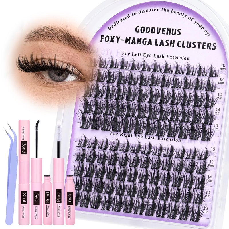 Goddvenus Manga Lash Cluster Kit Wispy Lashes Clusters Fluffy Eyelash Clusters Upturned Foxy Cluster Eyelash Extensions Kit D Curl Fairy Eyelash Extension Kit 10-16mm Individual Lashes Kit - Image 1