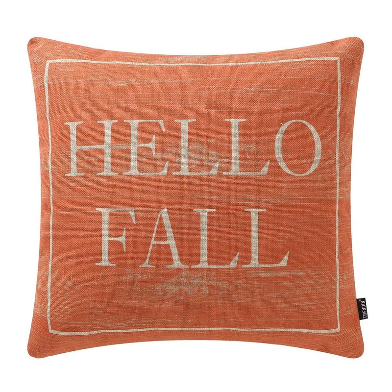 TRENDIN Decorative Throw Pillow Cover 18x18 inch Wooden Plank Orange Hello Fall Cushion Case Square Shape PL340TR - Image 1