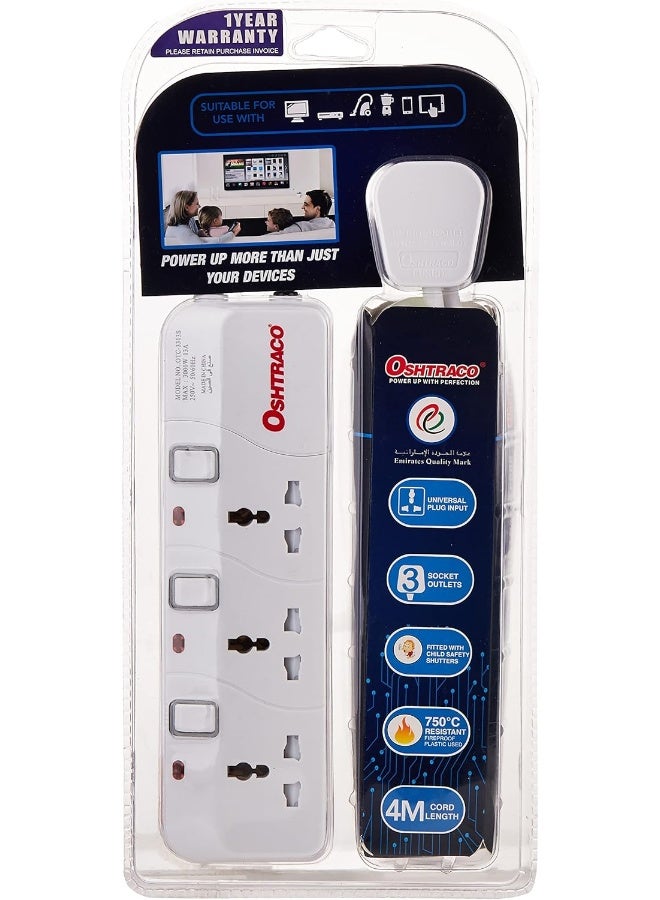 OSHTRACO مقبس تمديد عالمي 3 طرق أوشتراك OTC3313S-4M مع سلك بطول 4 متر - Image 1