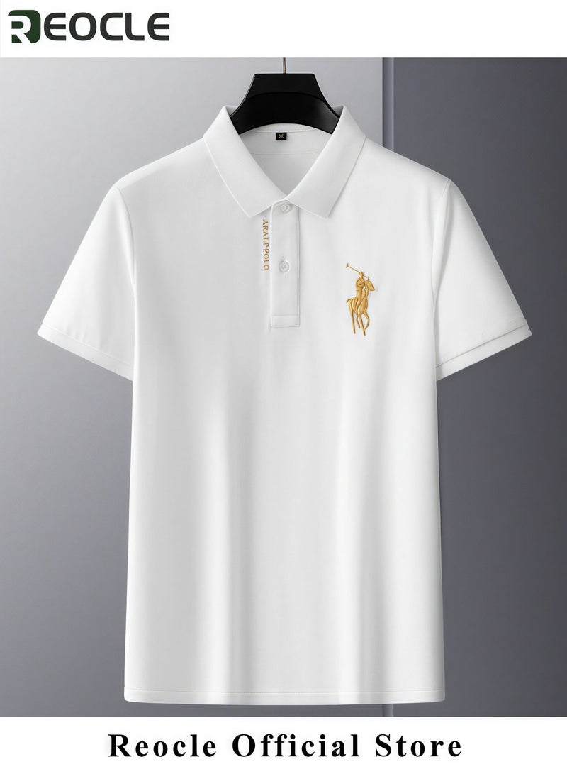 REOCLE Men's Solid Regular Fit Polo Shirt Thin Breathable Short Sleeve Shirts Turn-Down Collar Work Business Polo Shirt - Image 3