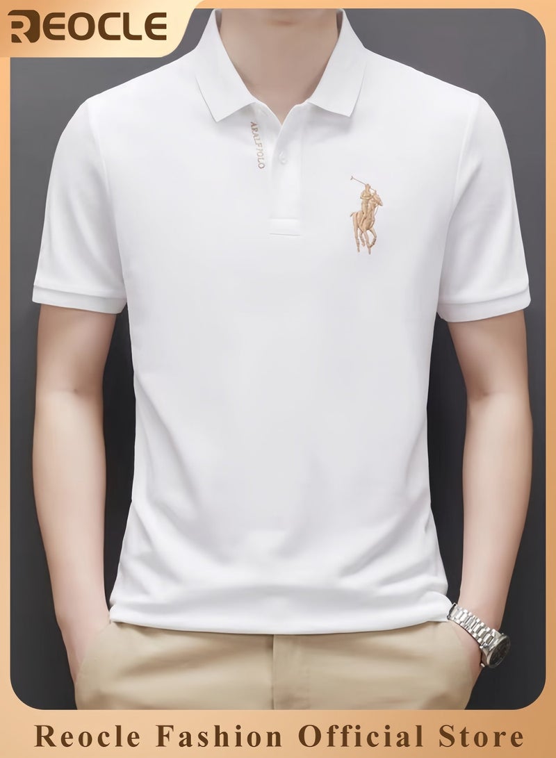 REOCLE Men's Solid Regular Fit Polo Shirt Thin Breathable Short Sleeve Shirts Turn-Down Collar Work Business Polo Shirt - Image 1