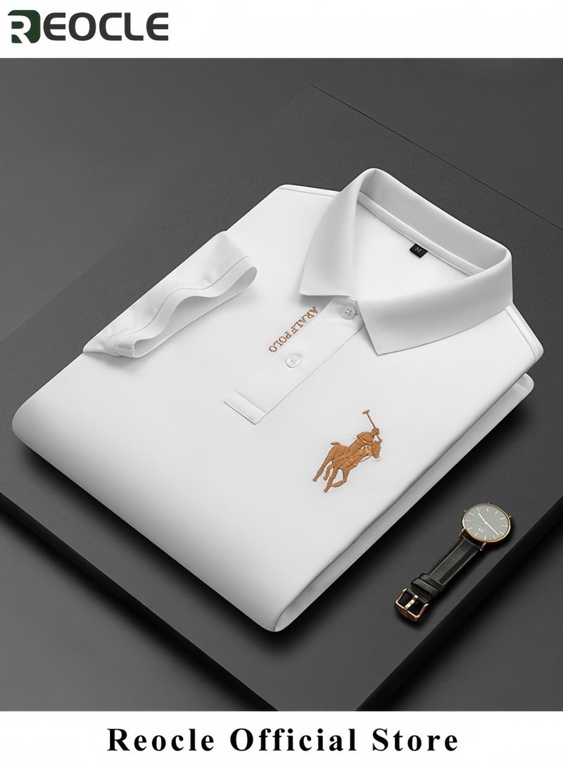 REOCLE Men's Solid Regular Fit Polo Shirt Thin Breathable Short Sleeve Shirts Turn-Down Collar Work Business Polo Shirt - Image 2