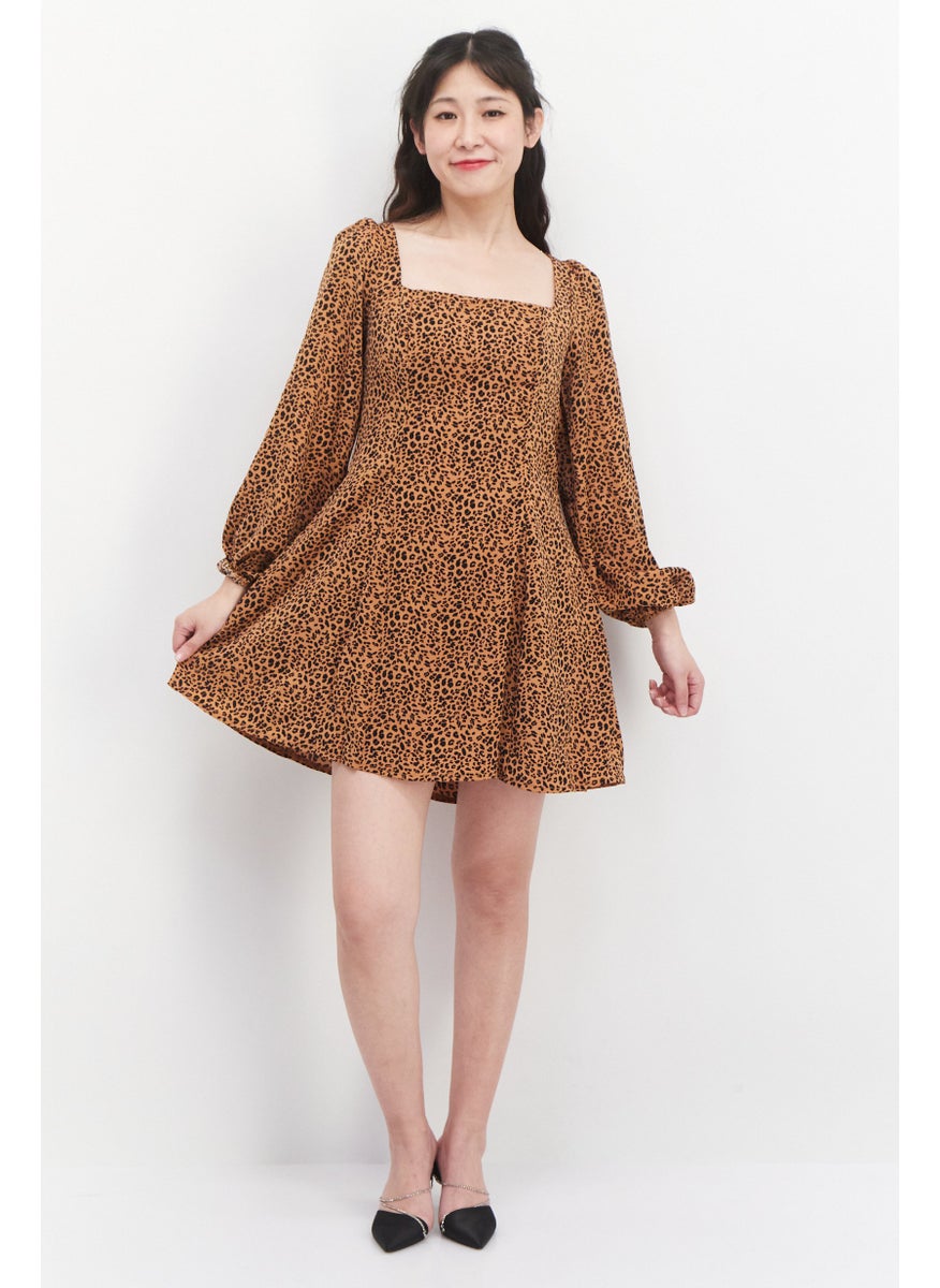 Missguided - Women Petite Animal Print Long Sleeve Mini Dress, Brown - Image 1