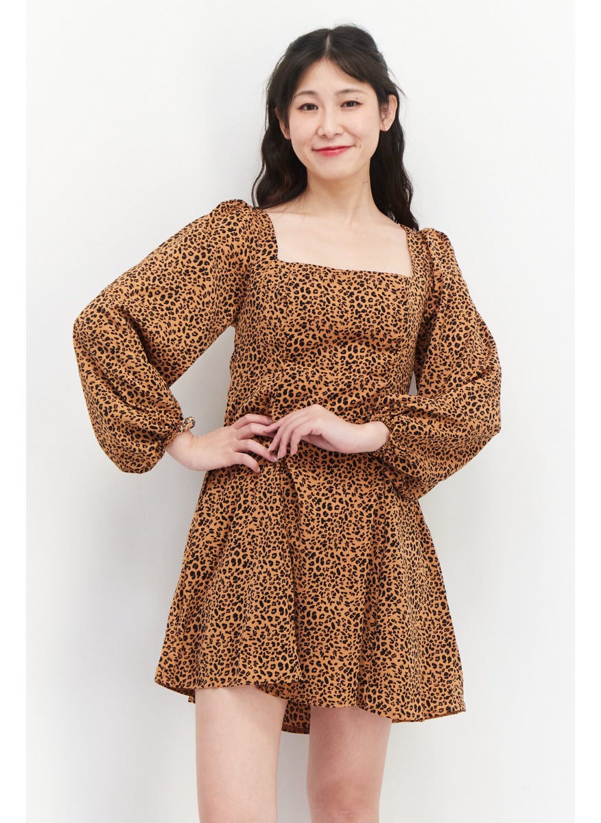 Missguided - Women Petite Animal Print Long Sleeve Mini Dress, Brown - Image 1