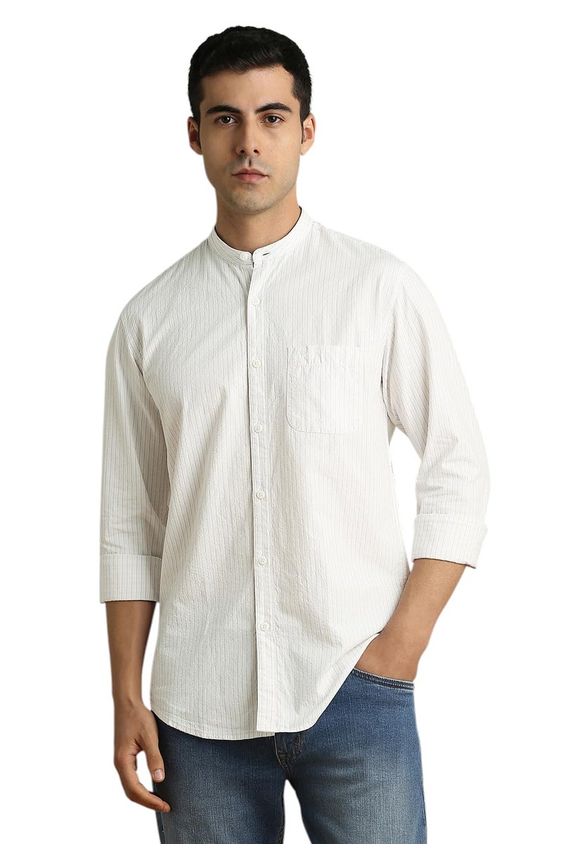 Peter England Men Beige Stripe Full Sleeves Casual Shirt - Image 1