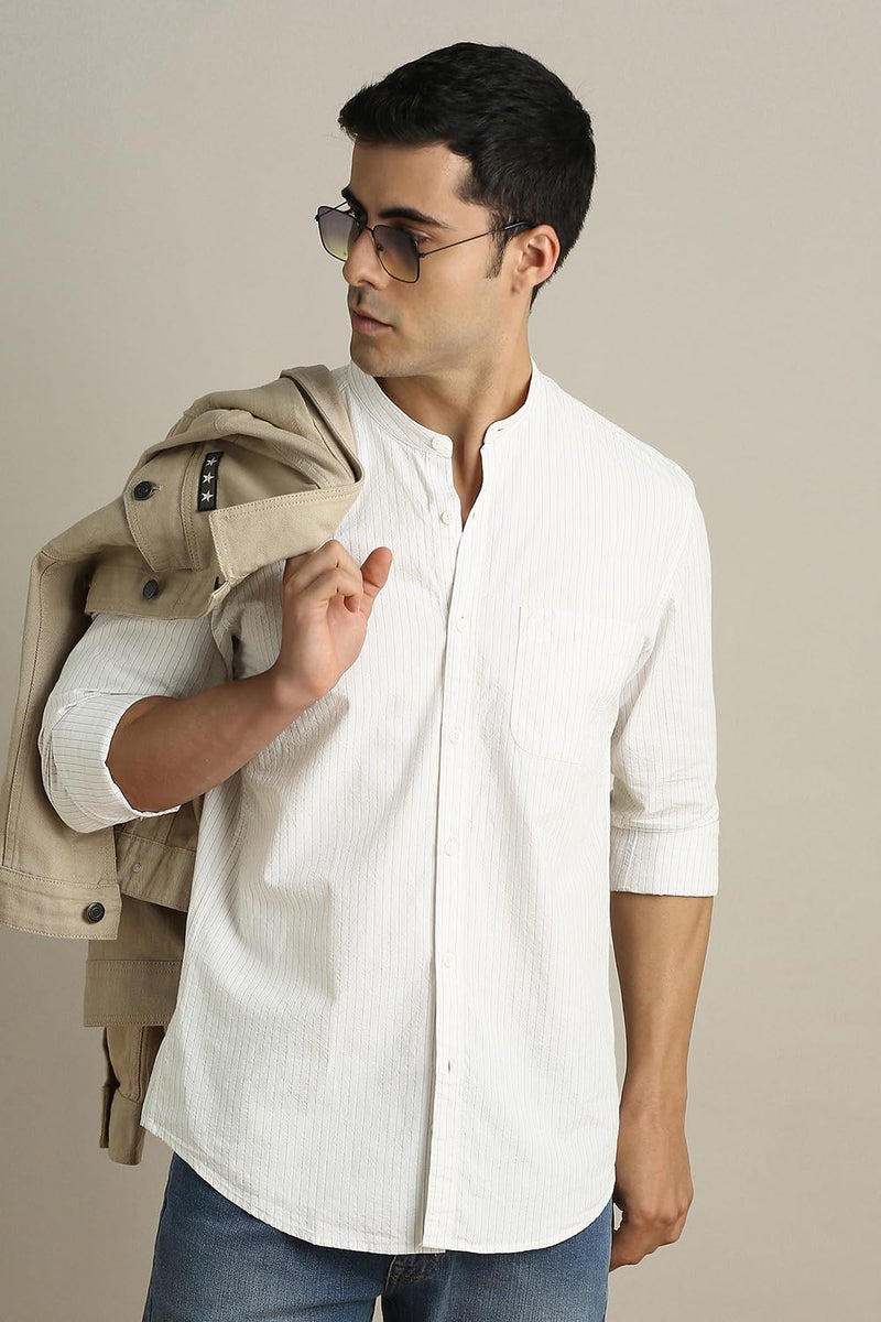 Peter England Men Beige Stripe Full Sleeves Casual Shirt - Image 2