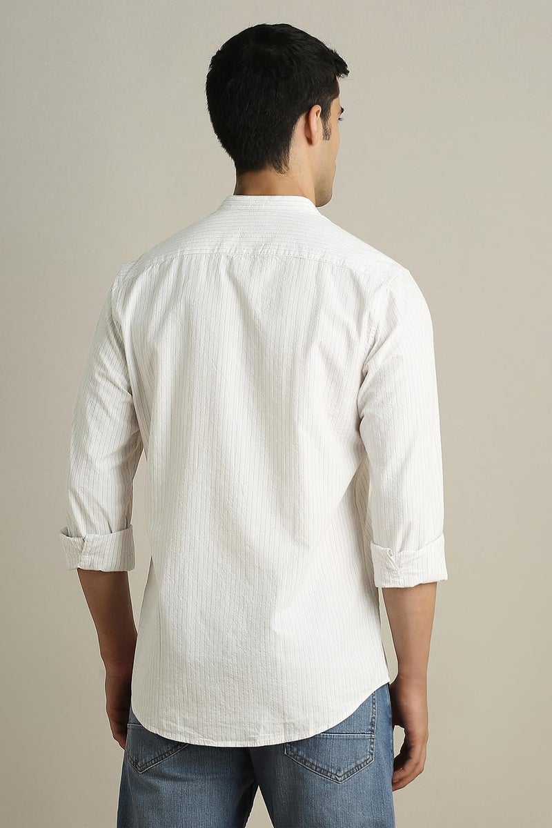 Peter England Men Beige Stripe Full Sleeves Casual Shirt - Image 5