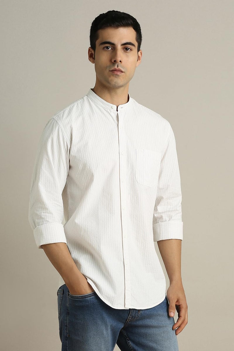 Peter England Men Beige Stripe Full Sleeves Casual Shirt - Image 3